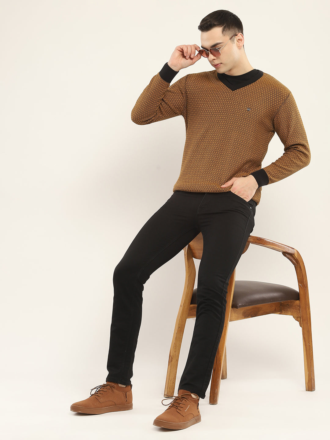 Men Camel Brown Self Design V Neck Full Sleeve Pullover