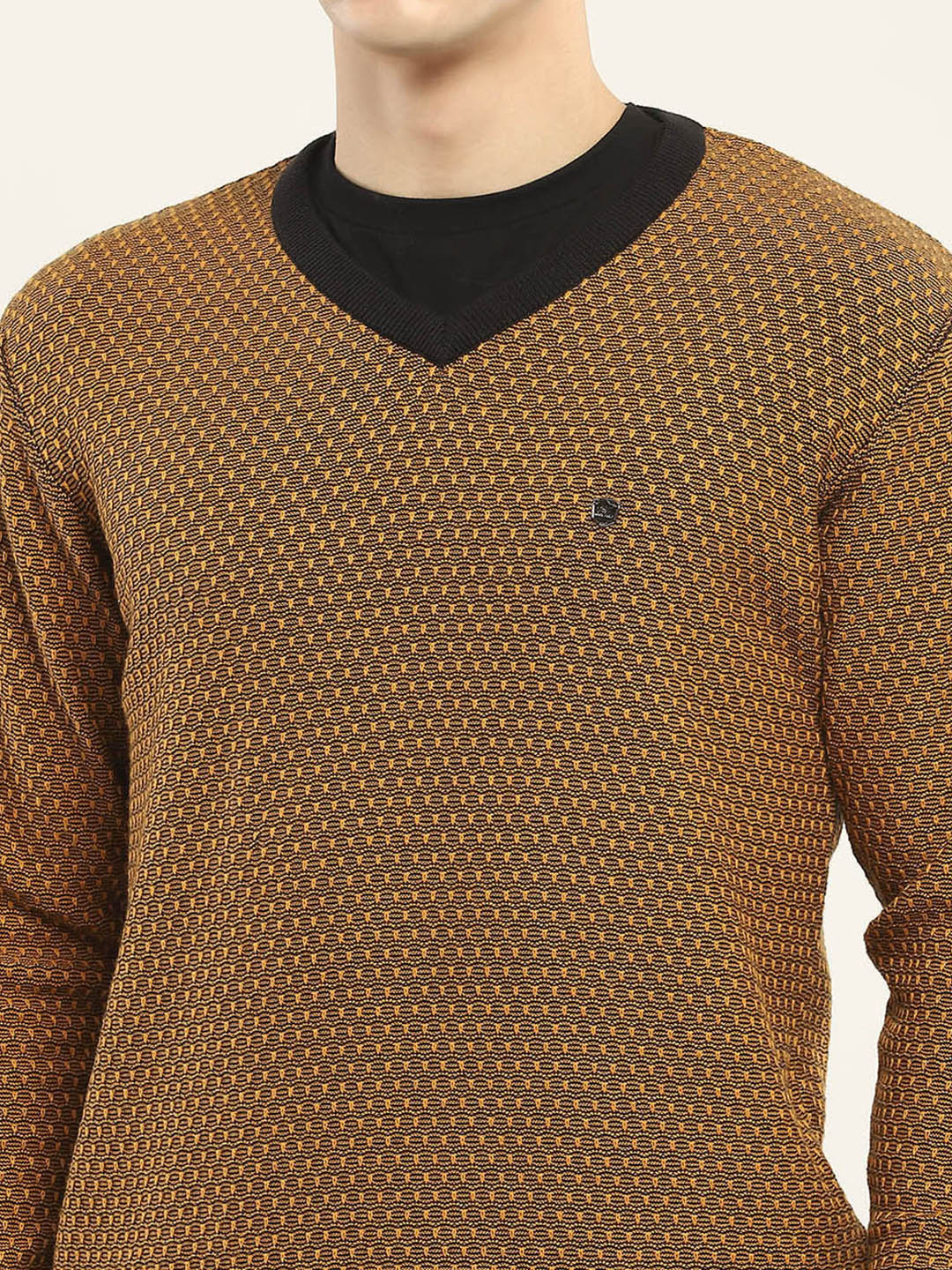 Men Camel Brown Self Design V Neck Full Sleeve Pullover
