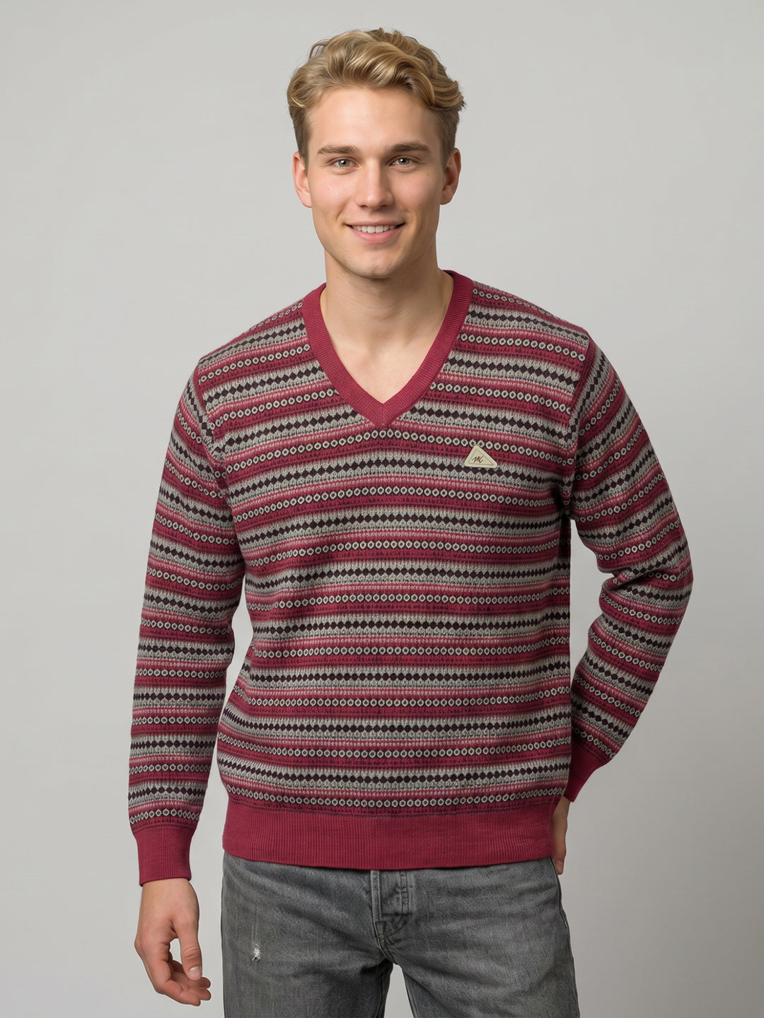 Men Red Jacquard V Neck Full Sleeve Pullover