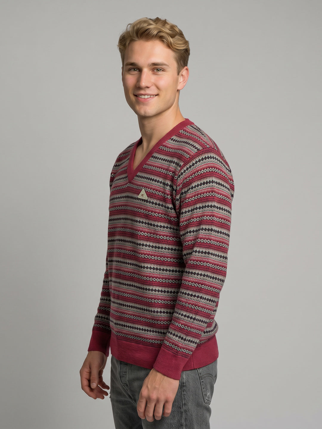 Men Red Jacquard V Neck Full Sleeve Pullover