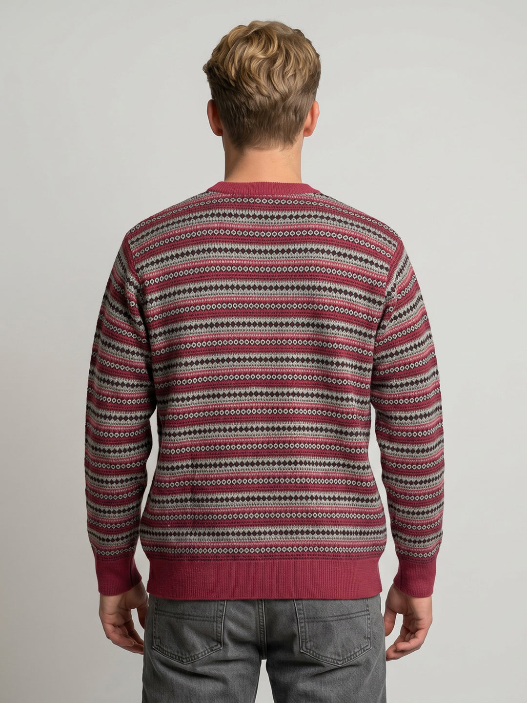 Men Red Jacquard V Neck Full Sleeve Pullover