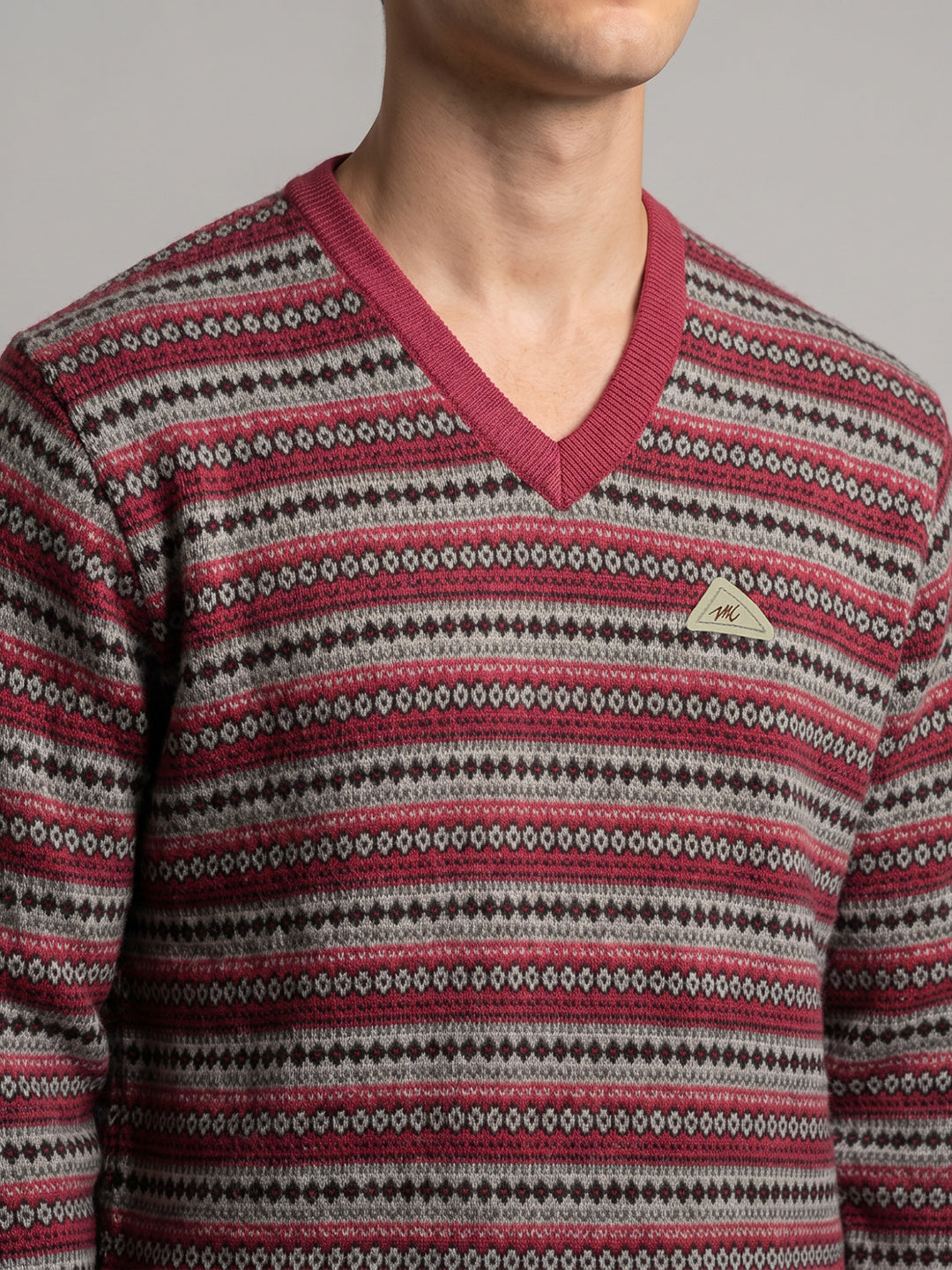 Men Red Jacquard V Neck Full Sleeve Pullover