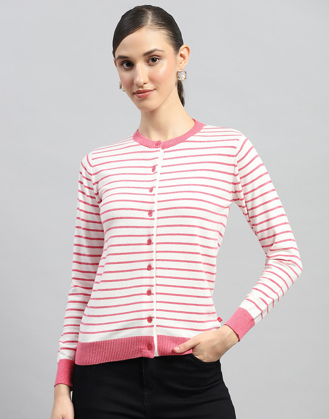 Women Pink Stripe Round Neck Full Sleeve Cardigan