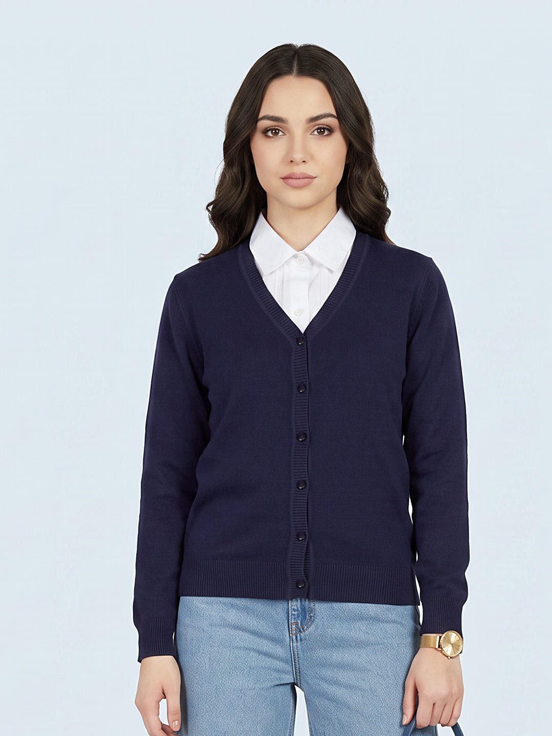 Women Purple Solid V Neck Full Sleeve Cardigan