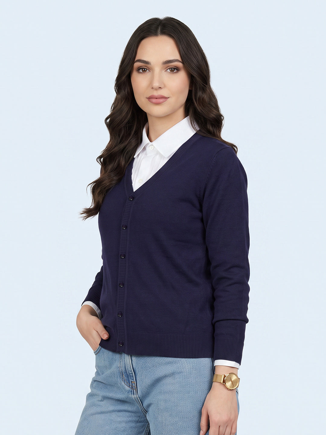 Women Purple Solid V Neck Full Sleeve Cardigan