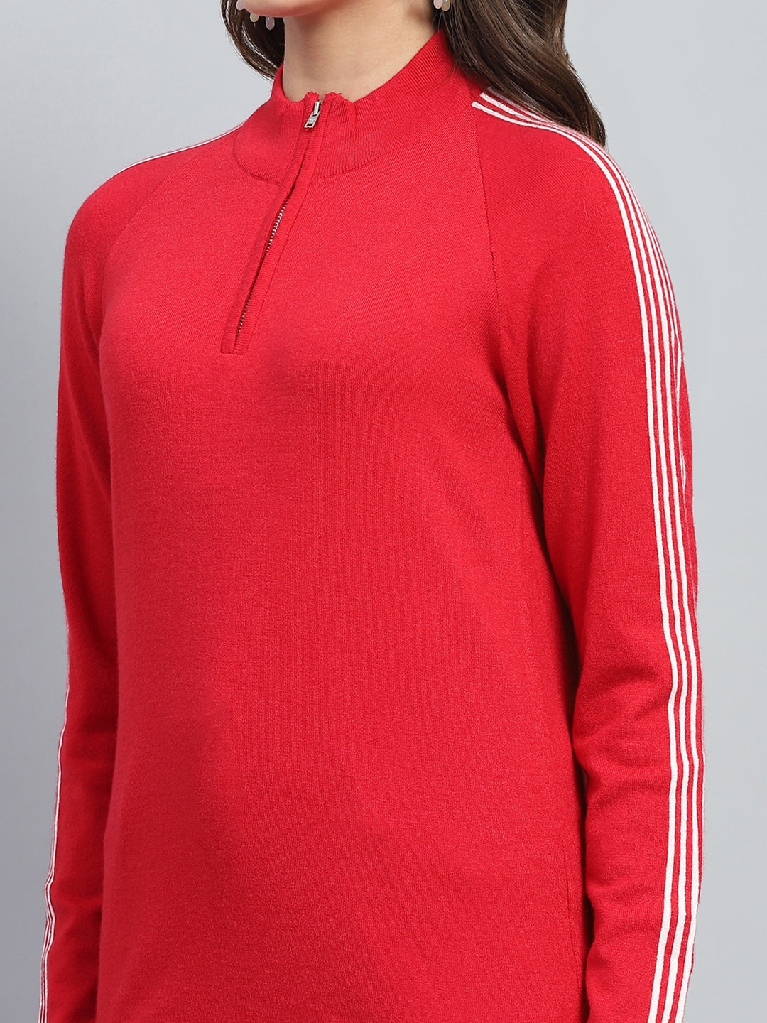 Women Red Solid Mock Neck Full Sleeve Pullover