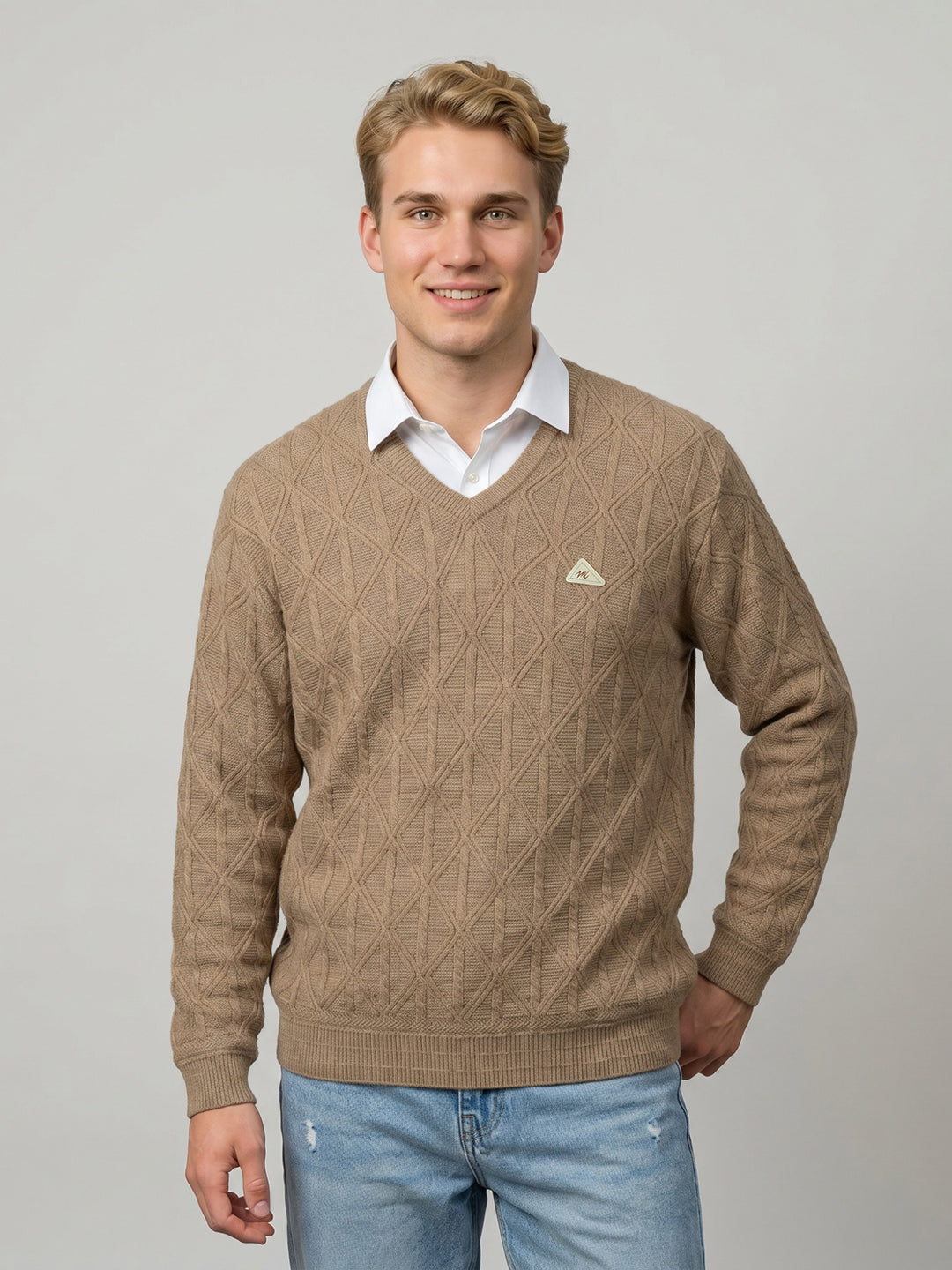 Men Brown Self Design V Neck Full Sleeve Pullover