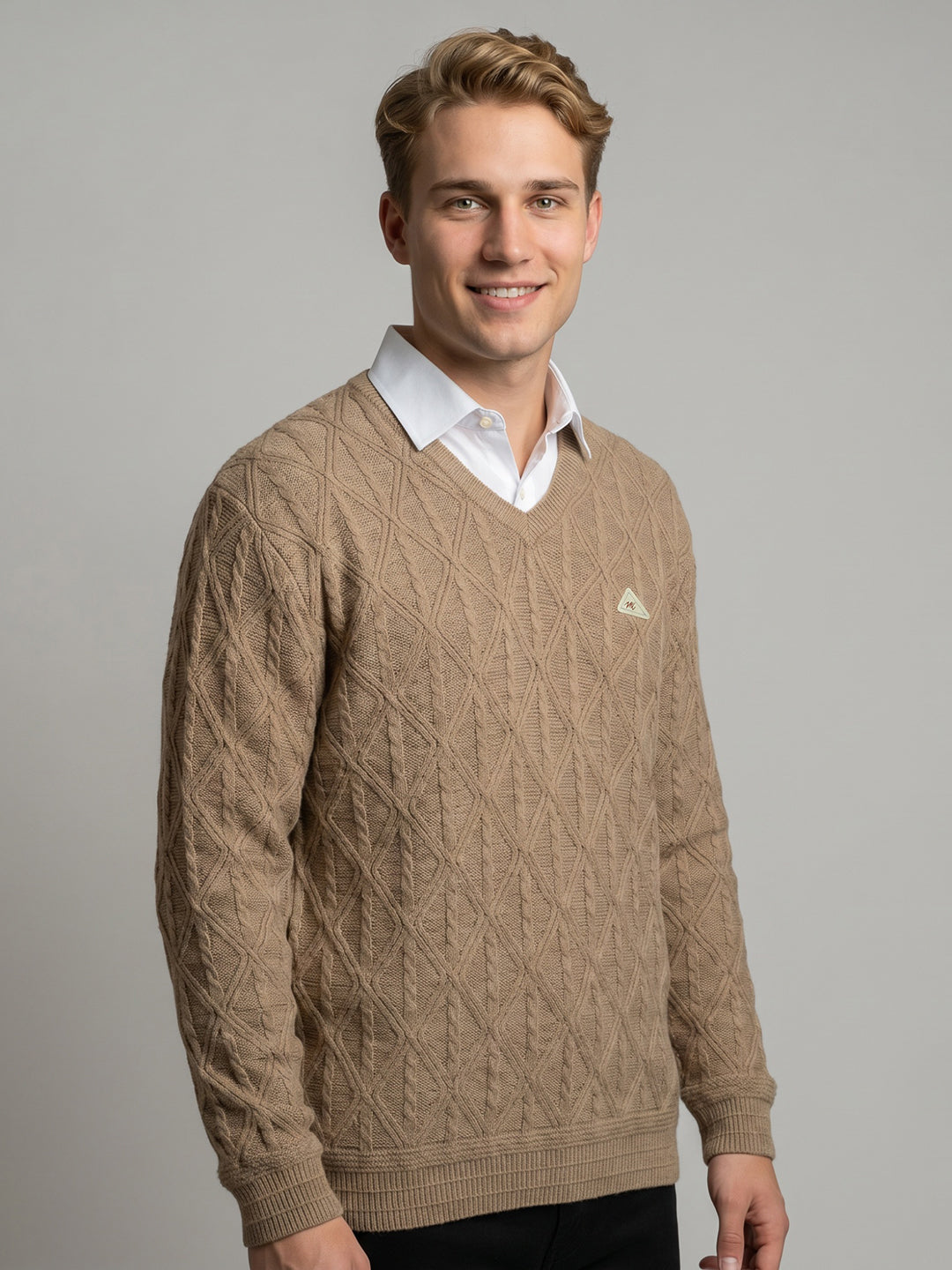 Men Brown Self Design V Neck Full Sleeve Pullover