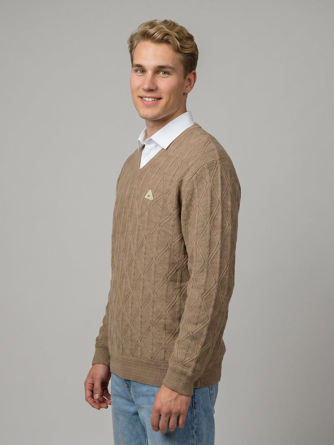 Men Brown Self Design V Neck Full Sleeve Pullover