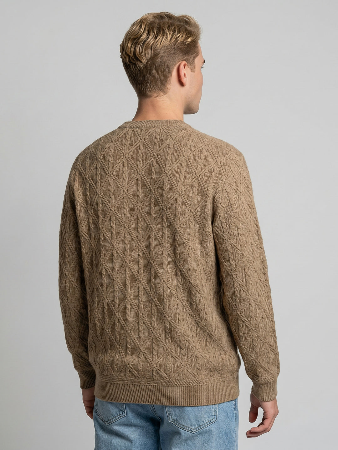Men Brown Self Design V Neck Full Sleeve Pullover