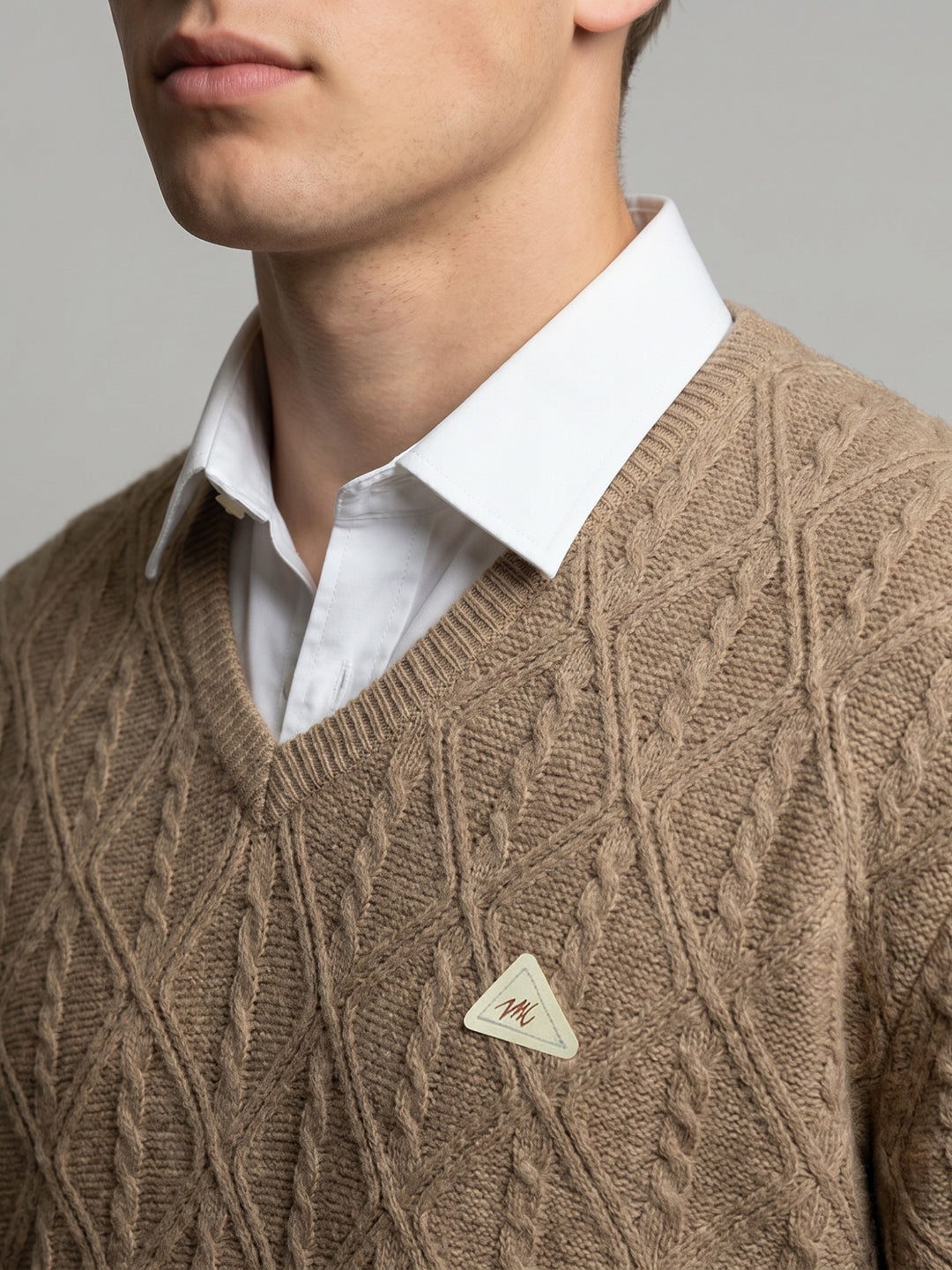 Men Brown Self Design V Neck Full Sleeve Pullover