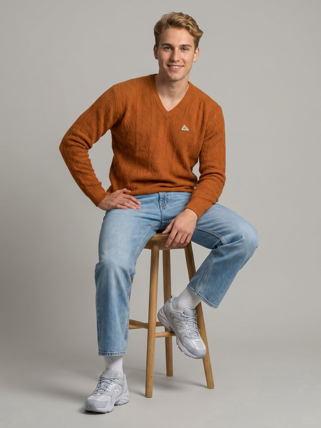 Men Orange Self Design V Neck Full Sleeve Pullover