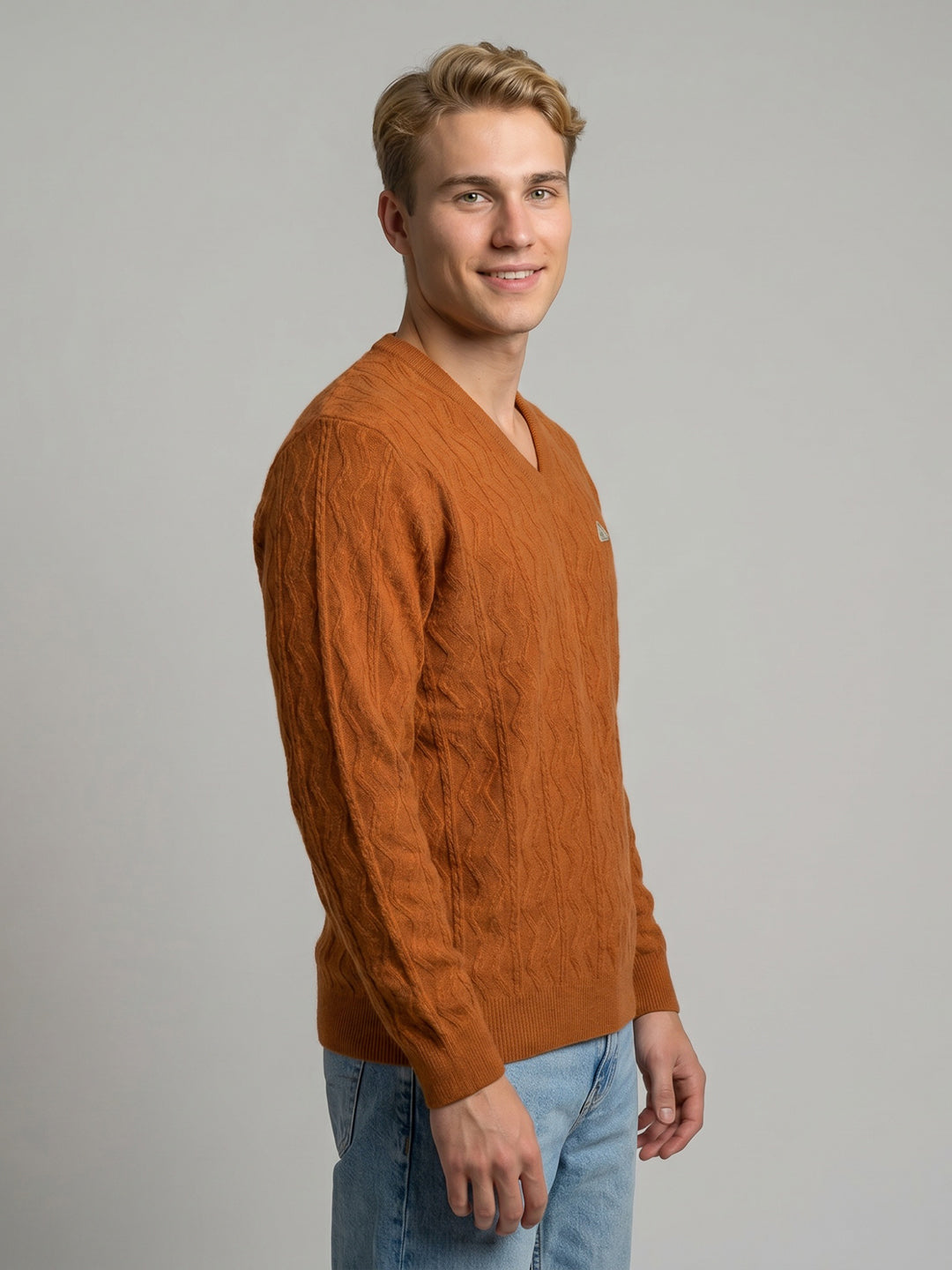 Men Orange Self Design V Neck Full Sleeve Pullover