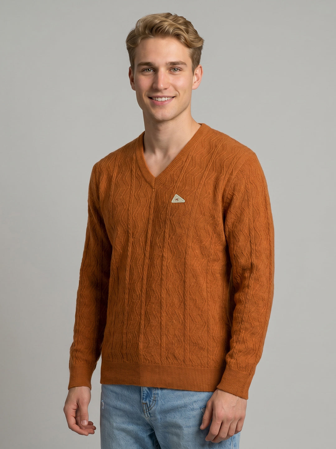 Men Orange Self Design V Neck Full Sleeve Pullover