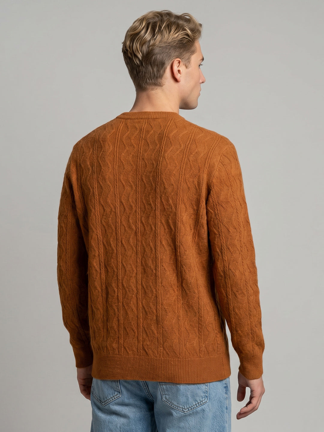 Men Orange Self Design V Neck Full Sleeve Pullover