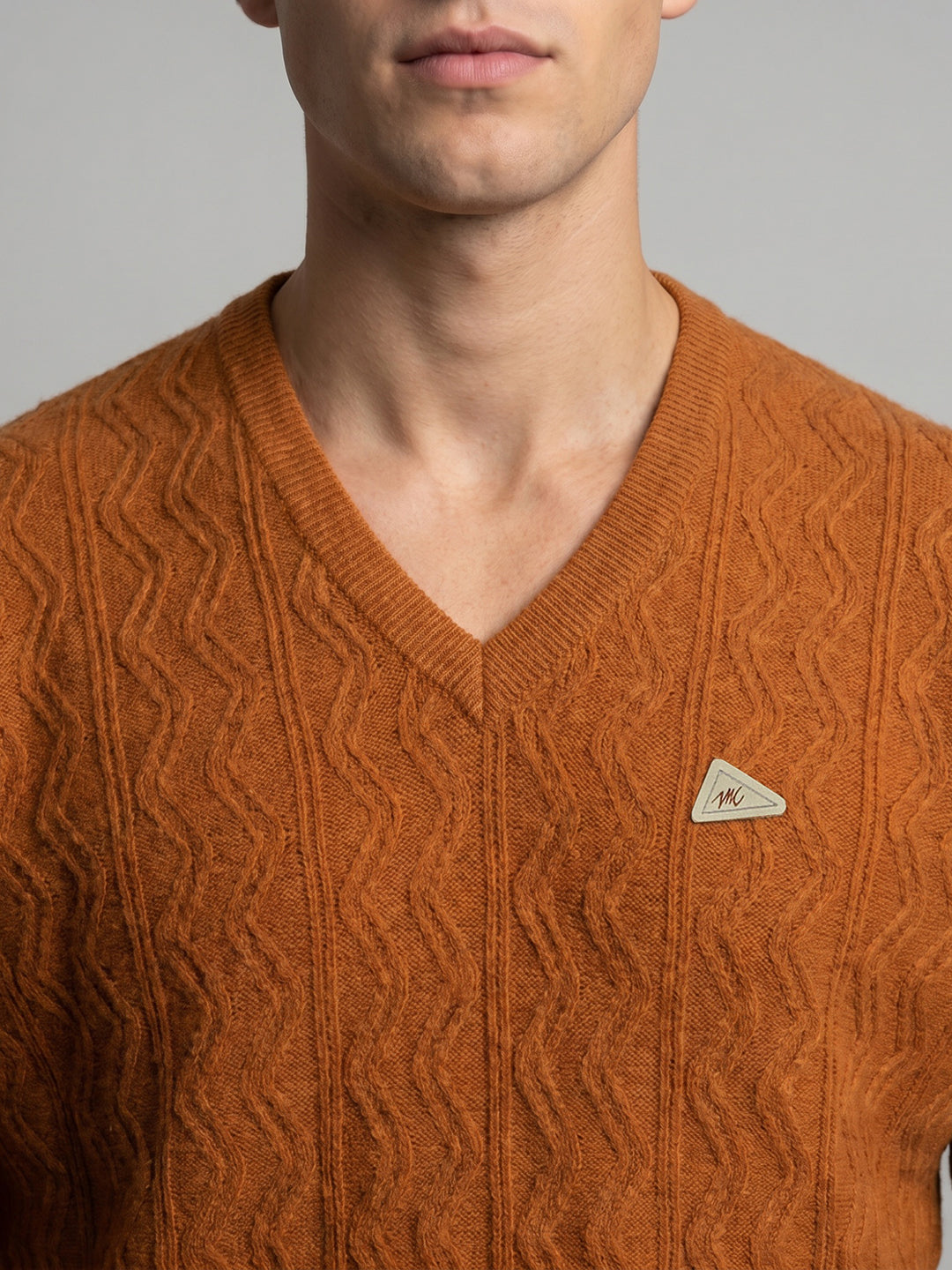 Men Orange Self Design V Neck Full Sleeve Pullover
