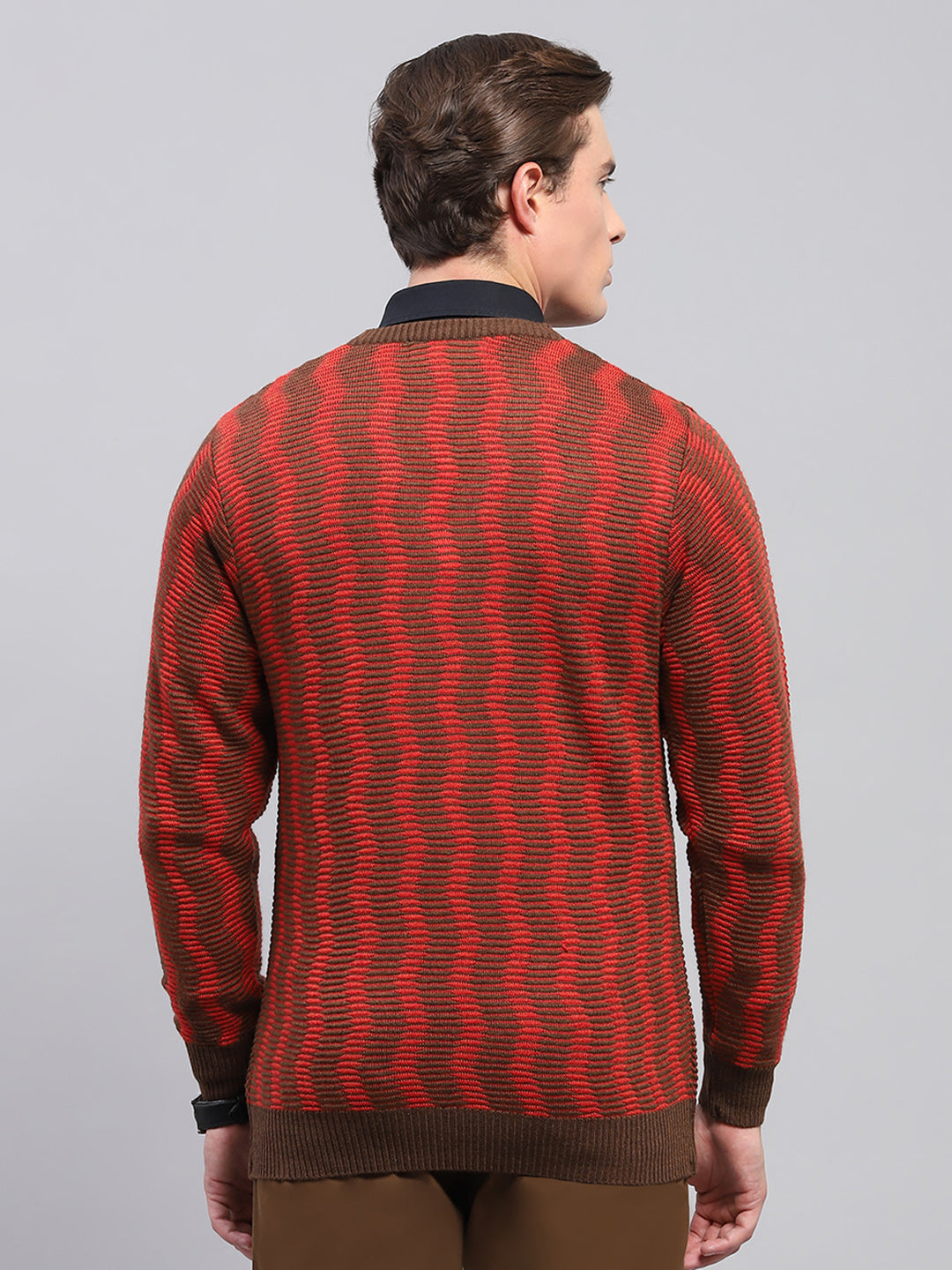 Men Brown Self Design V Neck Full Sleeve Pullover