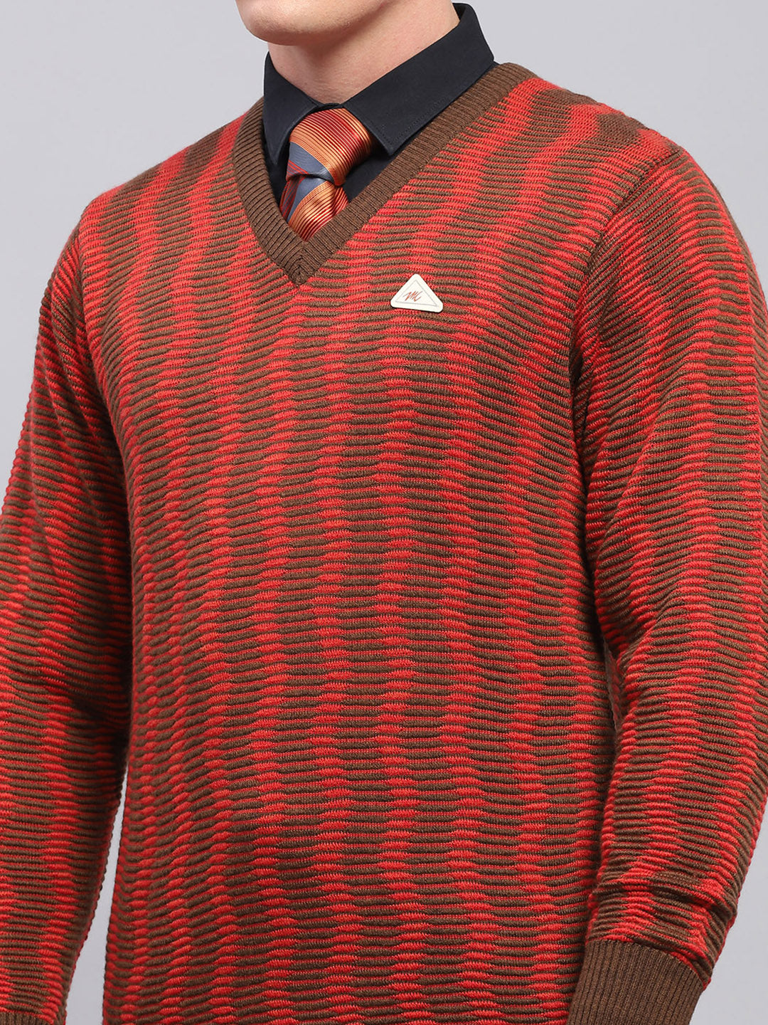 Men Brown Self Design V Neck Full Sleeve Pullover