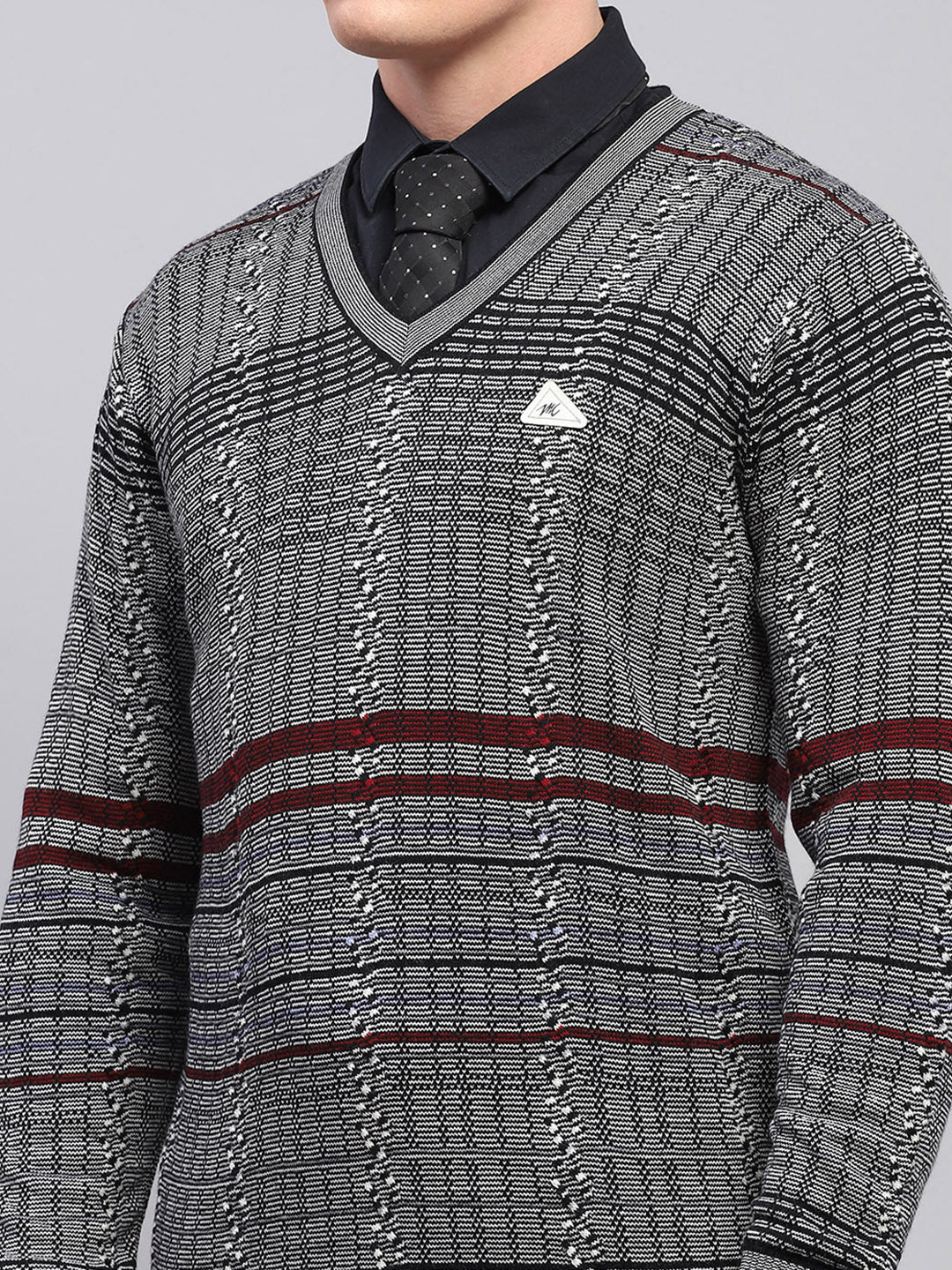 Men Grey Self Design V Neck Full Sleeve Pullover