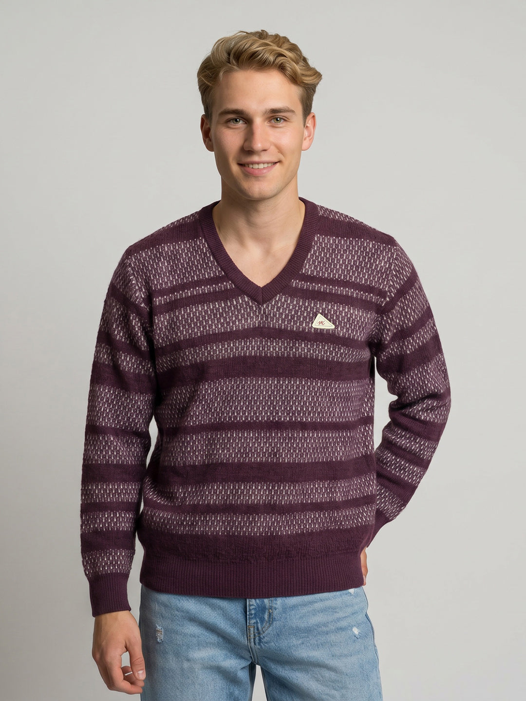 Men Purple Jacquard V Neck Full Sleeve Pullover