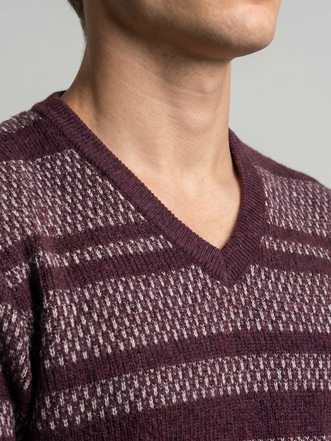 Men Purple Jacquard V Neck Full Sleeve Pullover