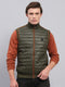 Men Green Solid Mock Neck Sleeveless Jacket