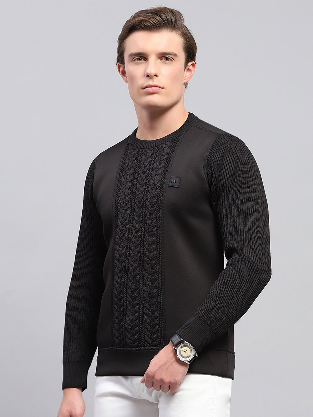 Men Black Self Design Round Neck Full Sleeve Pullover