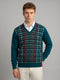Men Teal Blue Check V Neck Full Sleeve Pullover