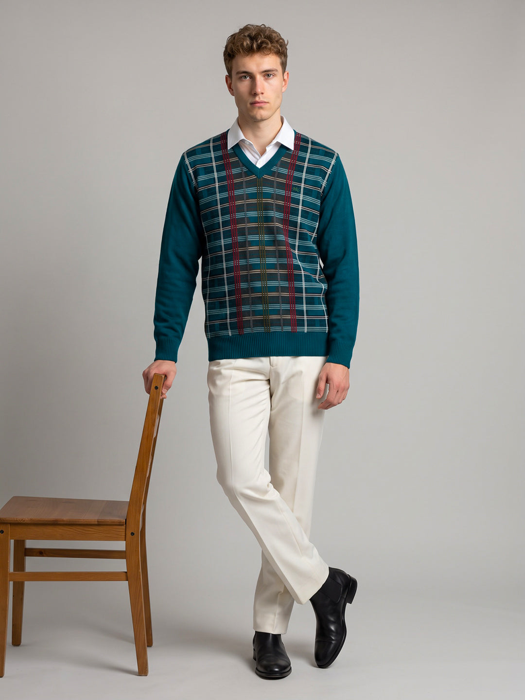 Men Teal Blue Check V Neck Full Sleeve Pullover