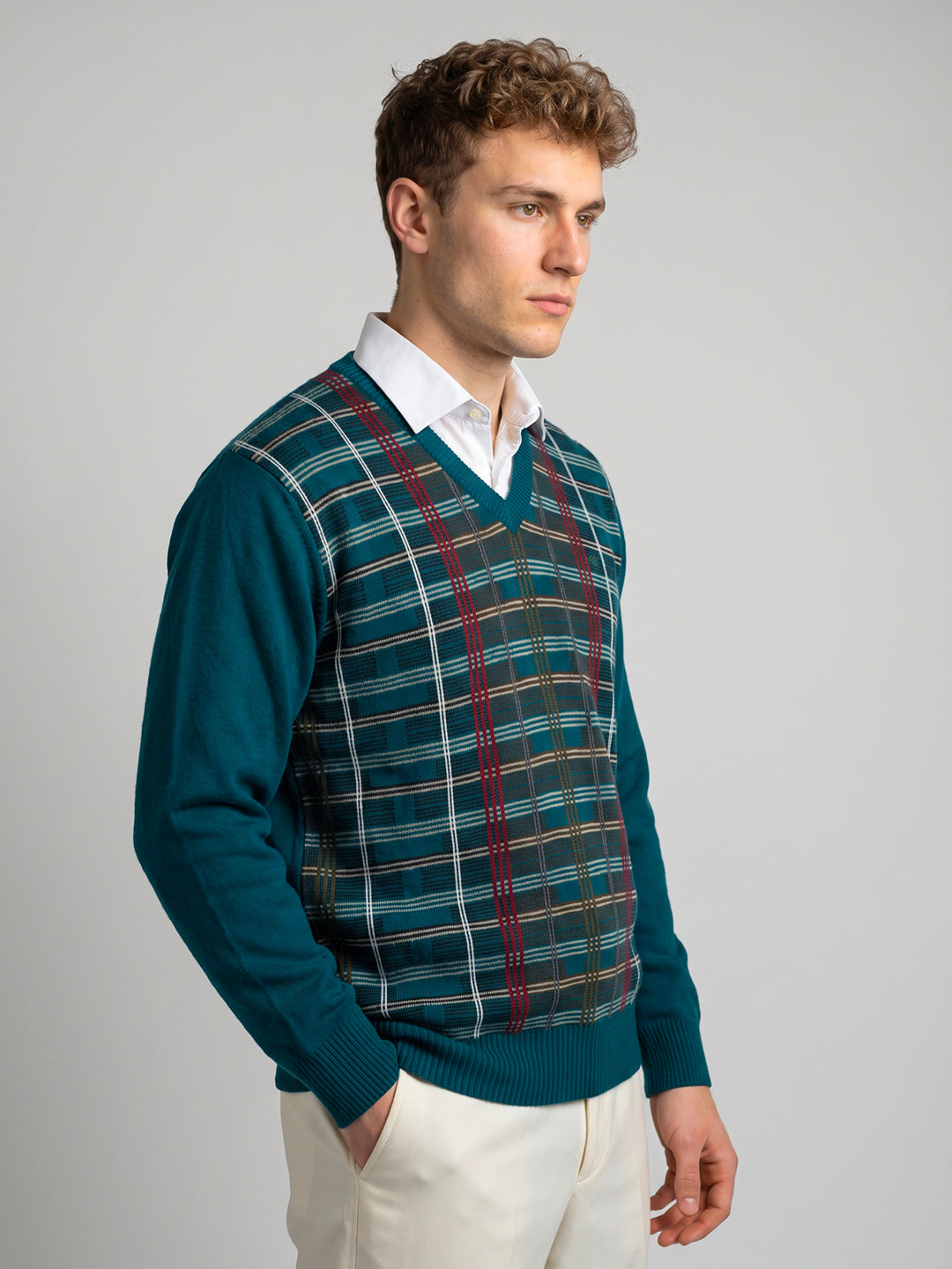Men Teal Blue Check V Neck Full Sleeve Pullover
