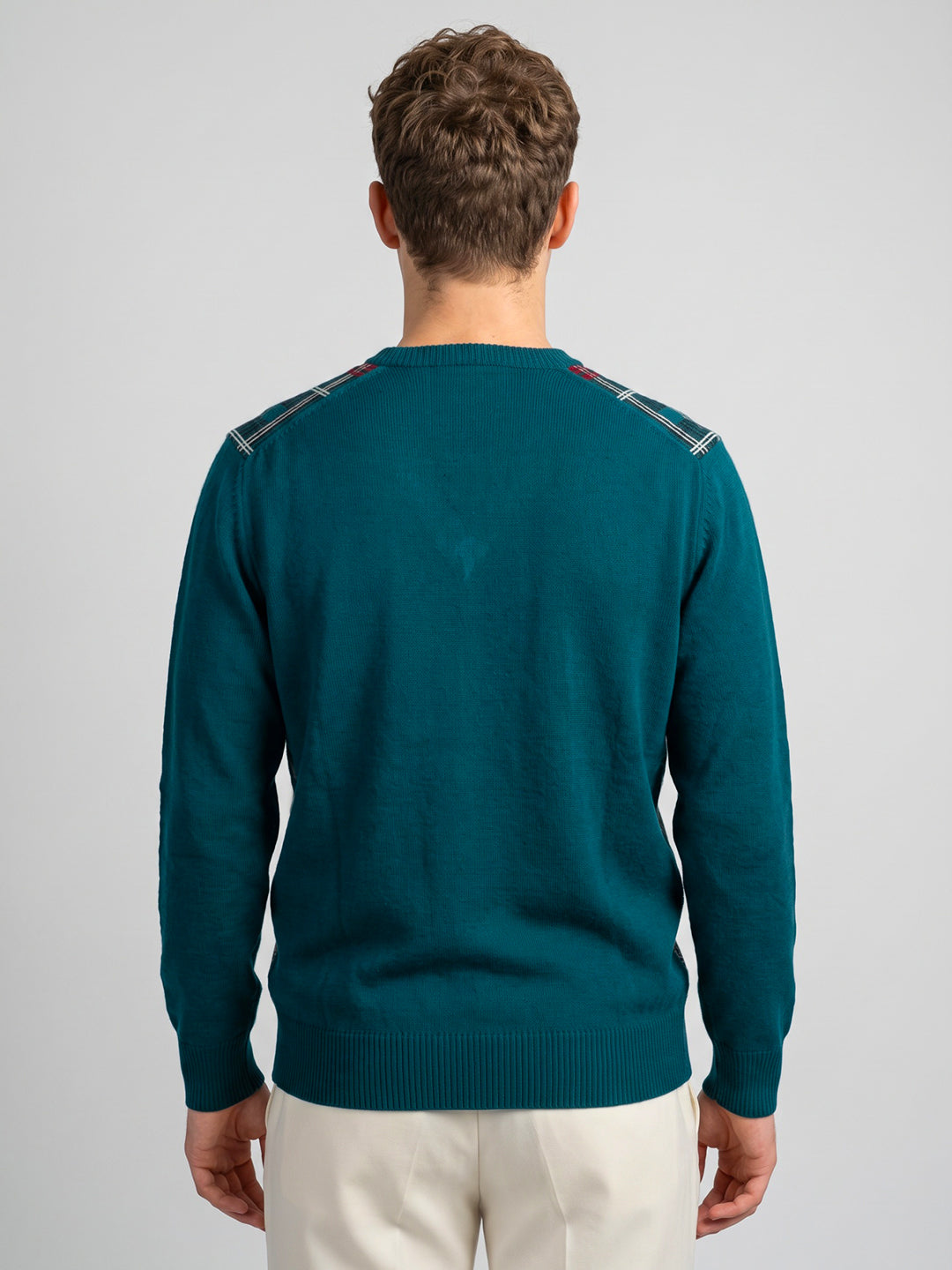 Men Teal Blue Check V Neck Full Sleeve Pullover