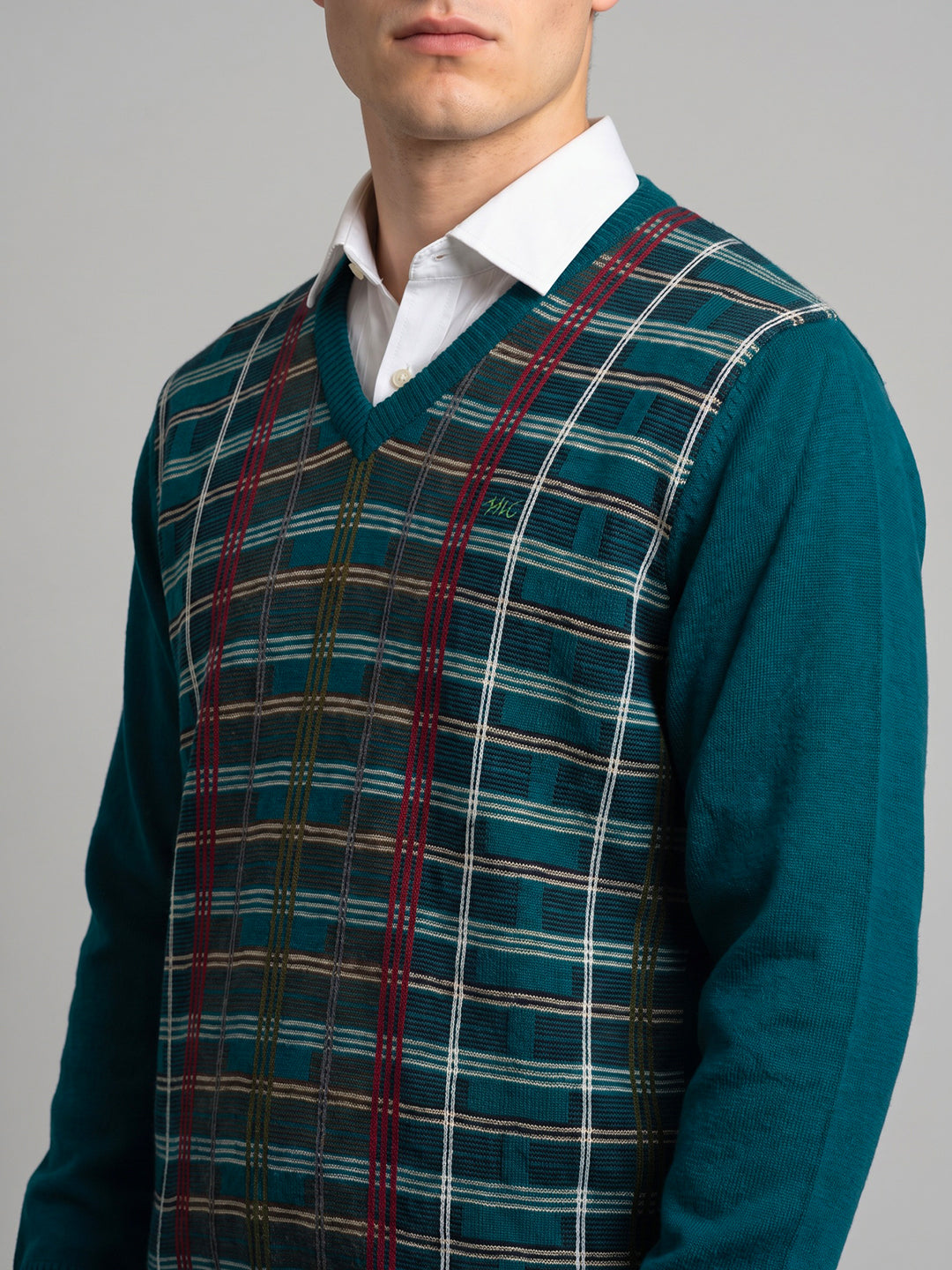 Men Teal Blue Check V Neck Full Sleeve Pullover