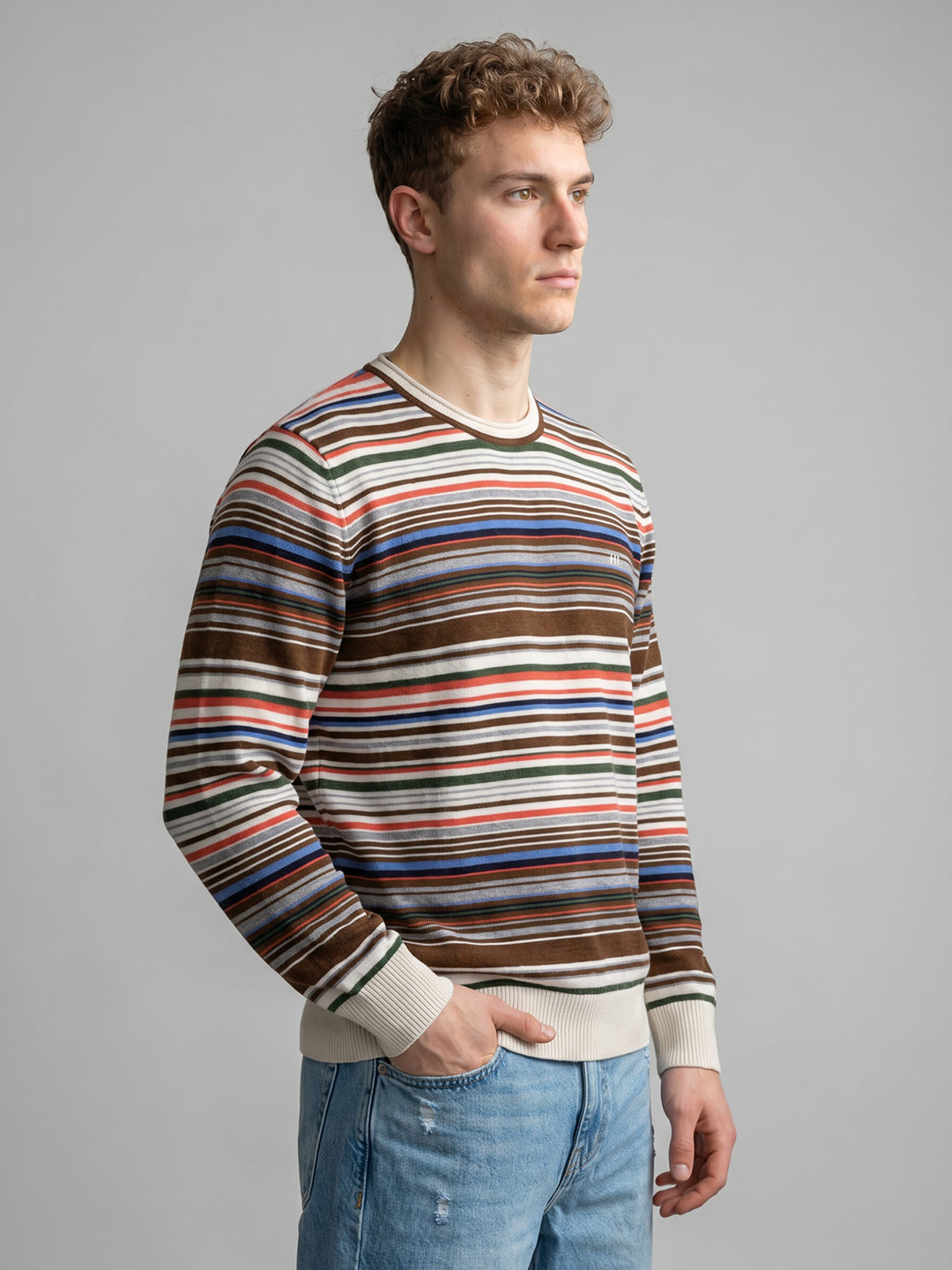 Men Orange Stripe Round Neck Full Sleeve Pullover