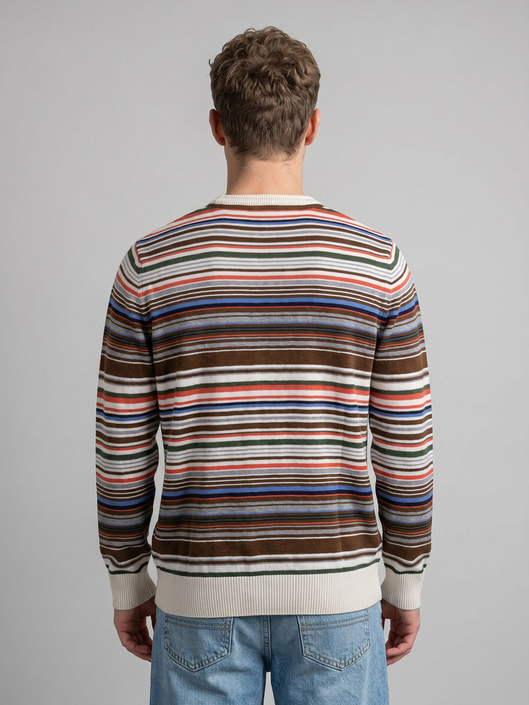 Men Orange Stripe Round Neck Full Sleeve Pullover