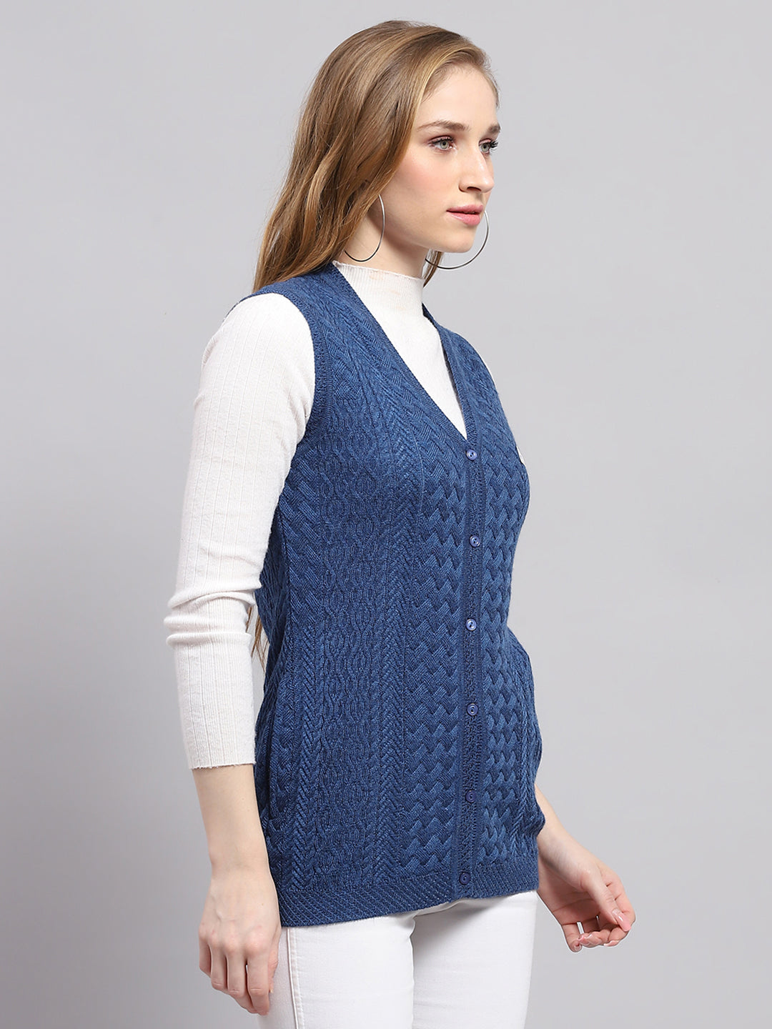 Women Blue Self Design V Neck Sleeveless Cardigan