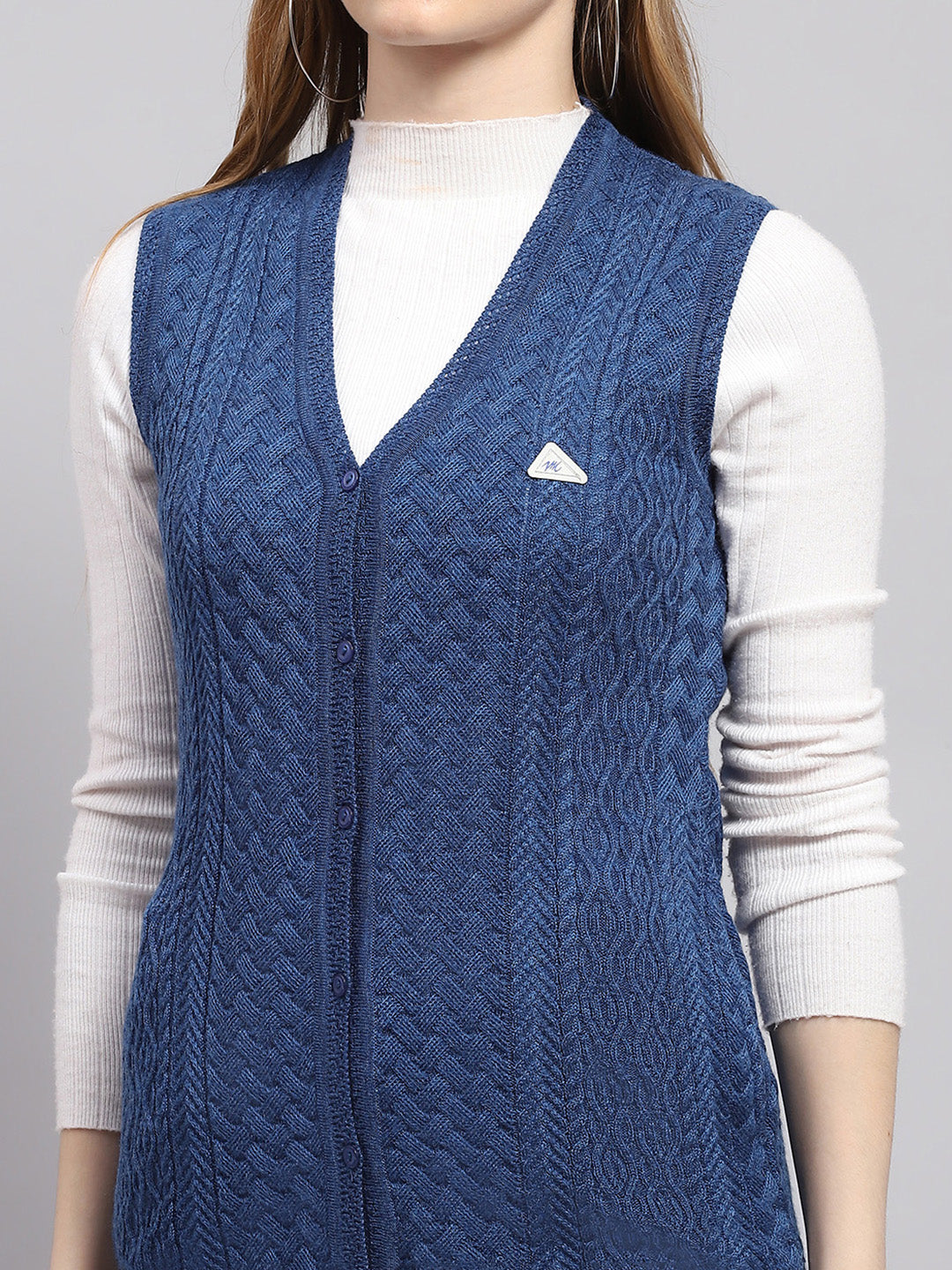 Women Blue Self Design V Neck Sleeveless Cardigan