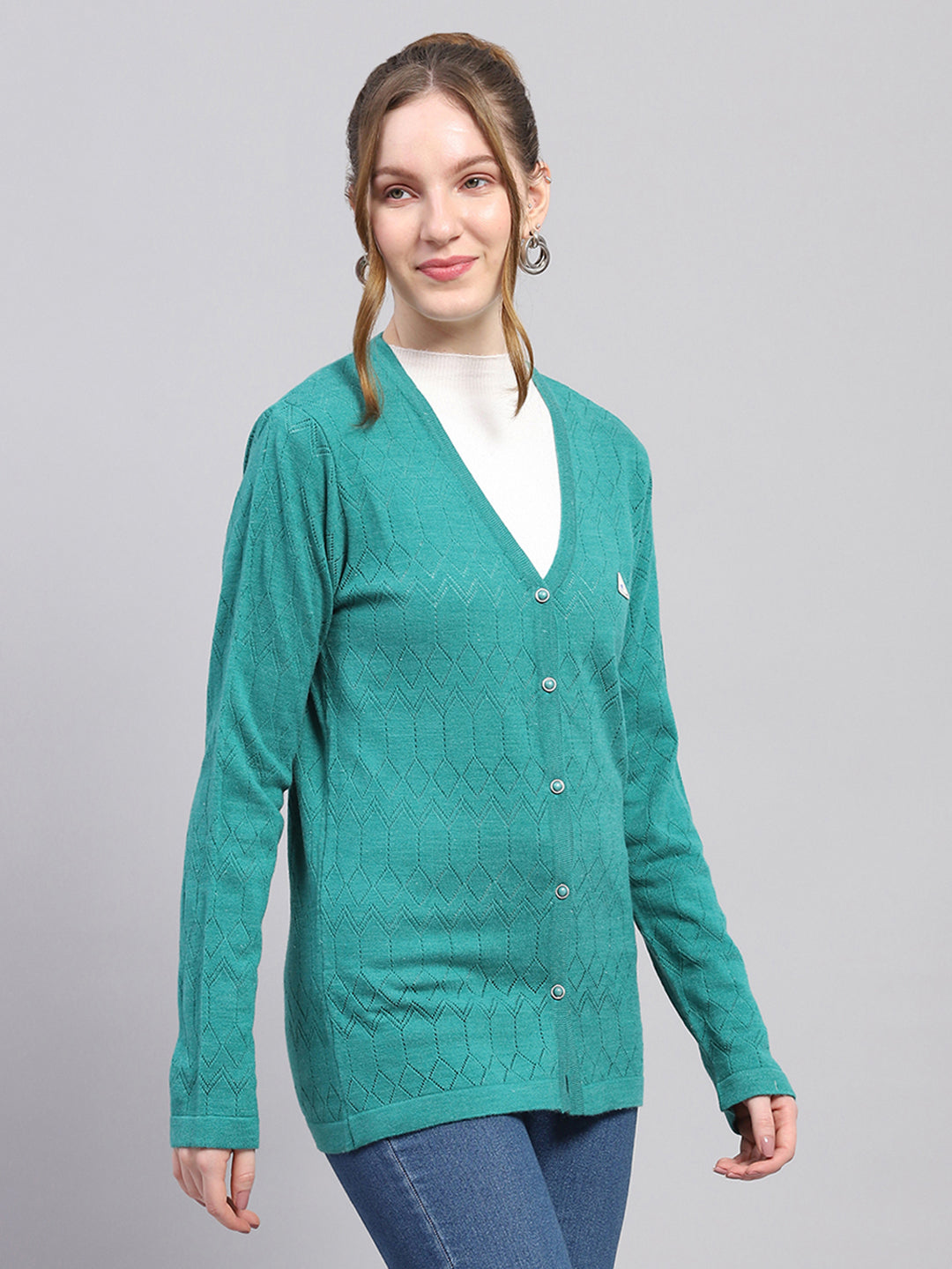 Women Teal Blue Self Design V Neck Full Sleeve Cardigan