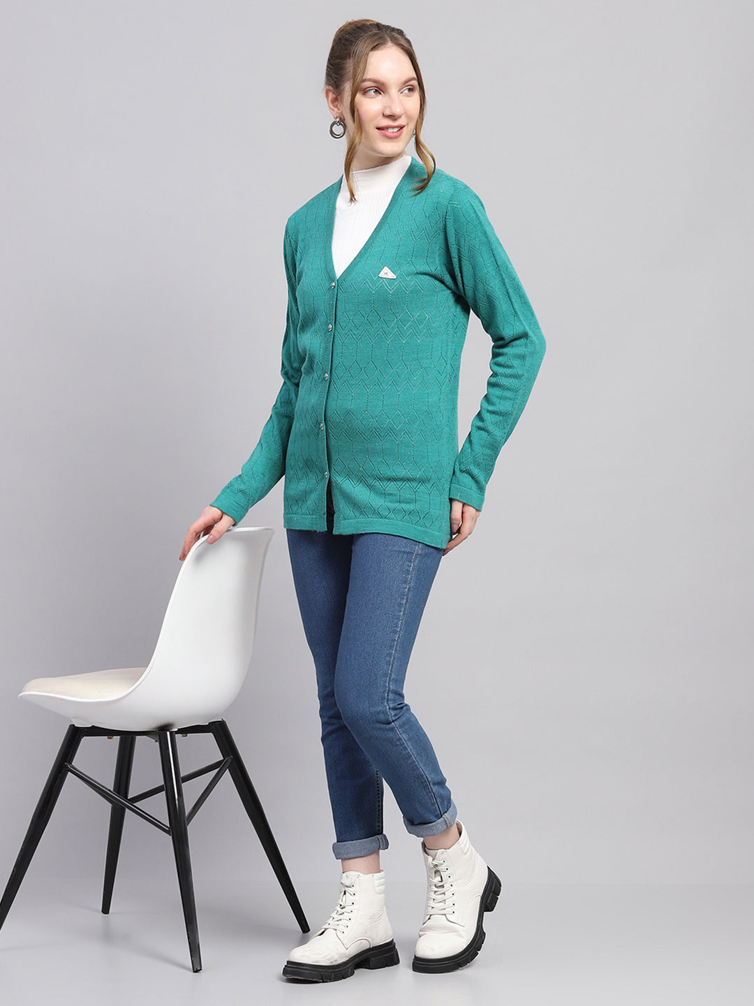 Women Teal Blue Self Design V Neck Full Sleeve Cardigan