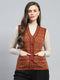 Women Rust Stripe V Neck Sleeveless Cardigan
