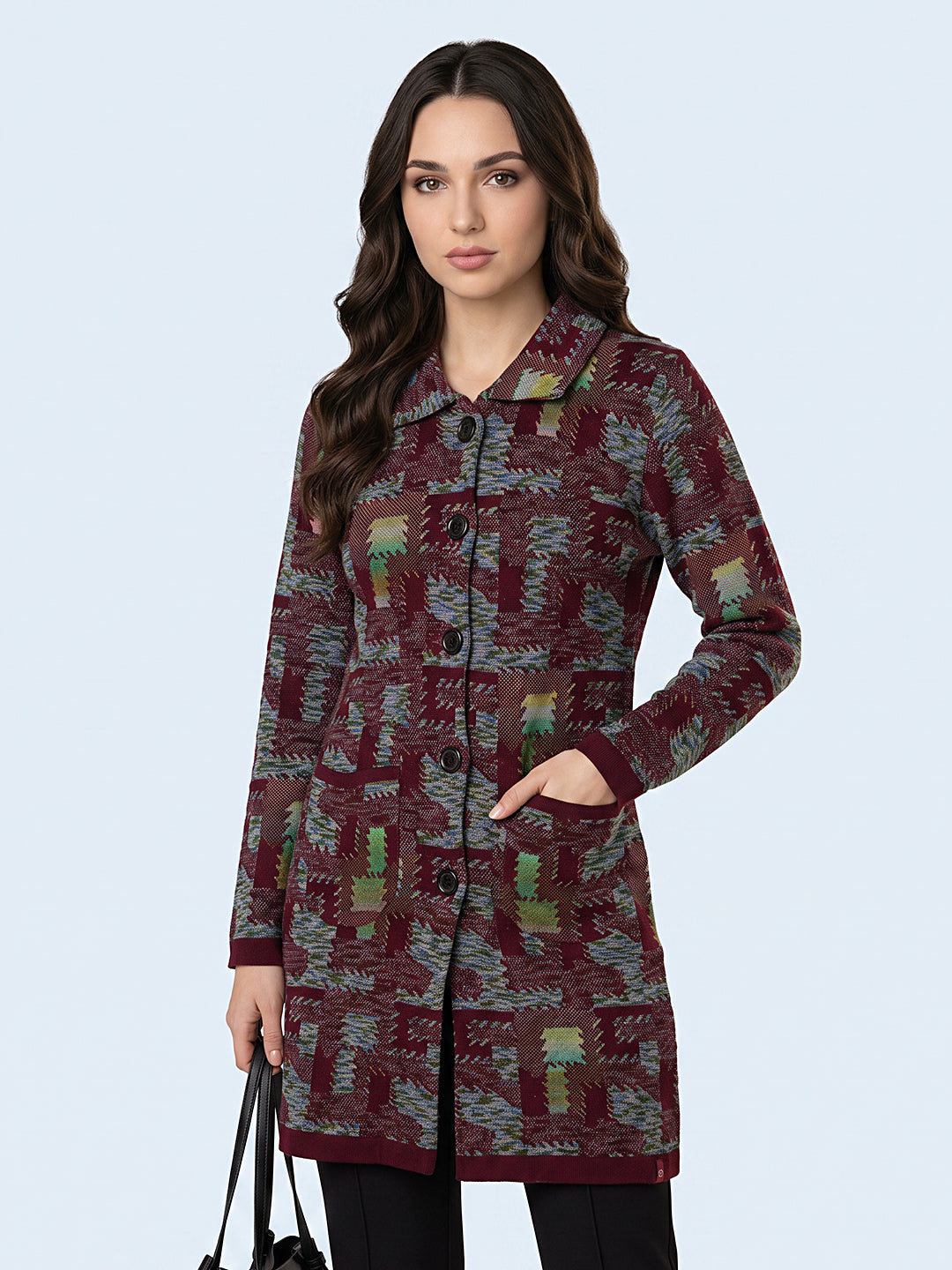 Women Purple Jacquard Collar Full Sleeve Long Cardigan