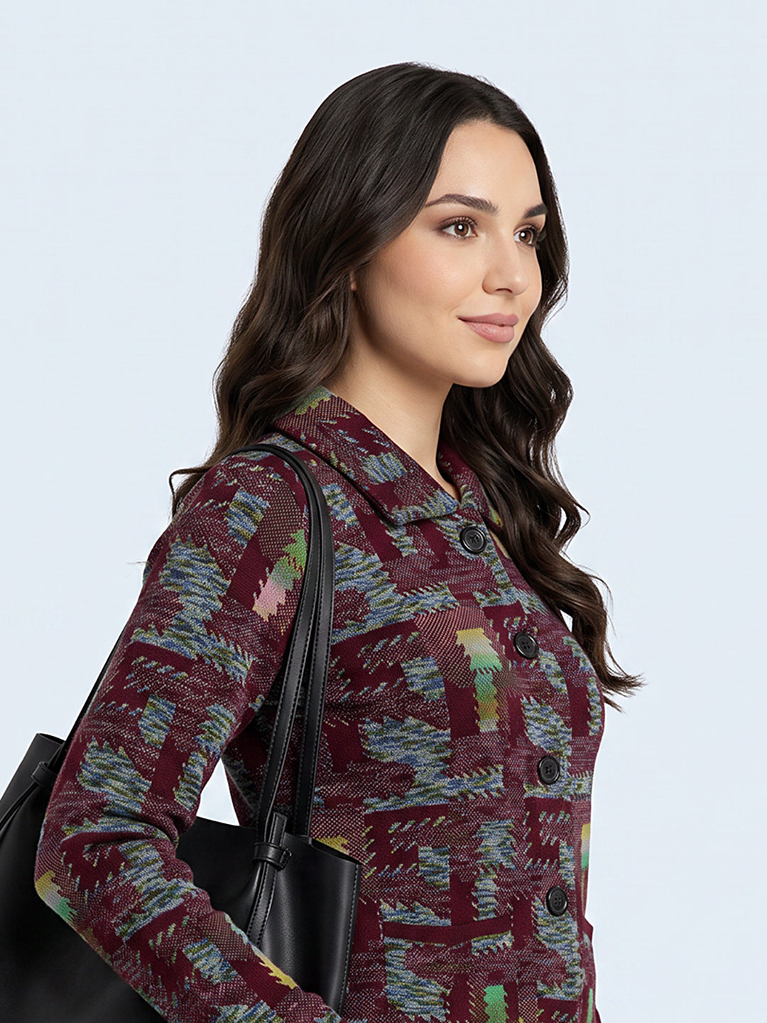 Women Purple Jacquard Collar Full Sleeve Long Cardigan