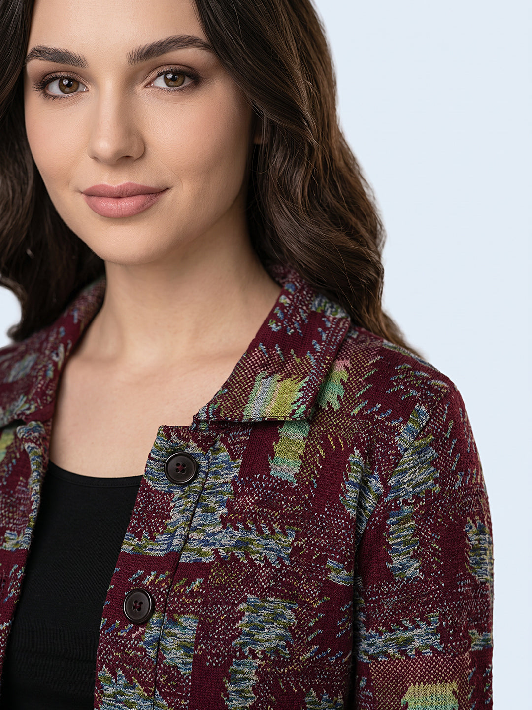 Women Purple Jacquard Collar Full Sleeve Long Cardigan