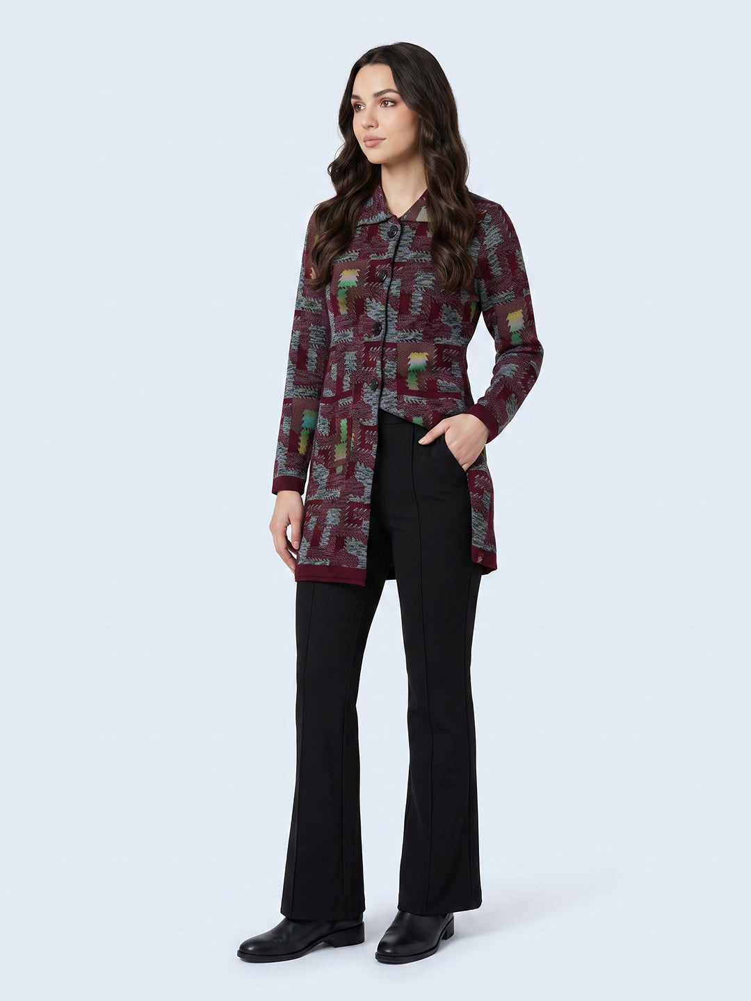 Women Purple Jacquard Collar Full Sleeve Long Cardigan