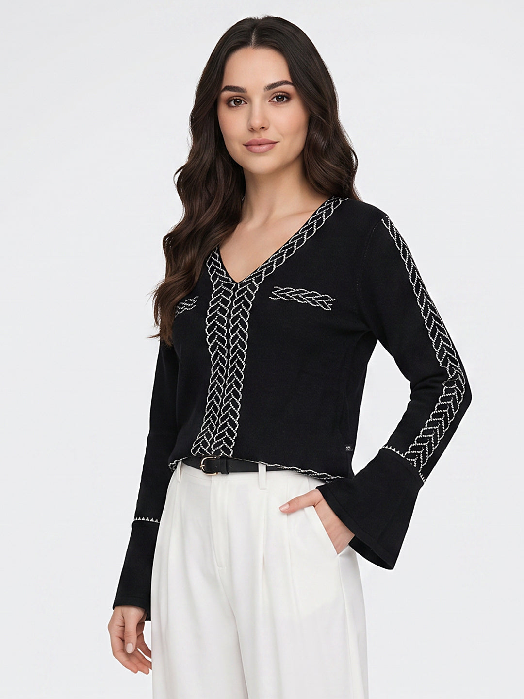 Women Black Jacquard V Neck Full Sleeve Winter Top