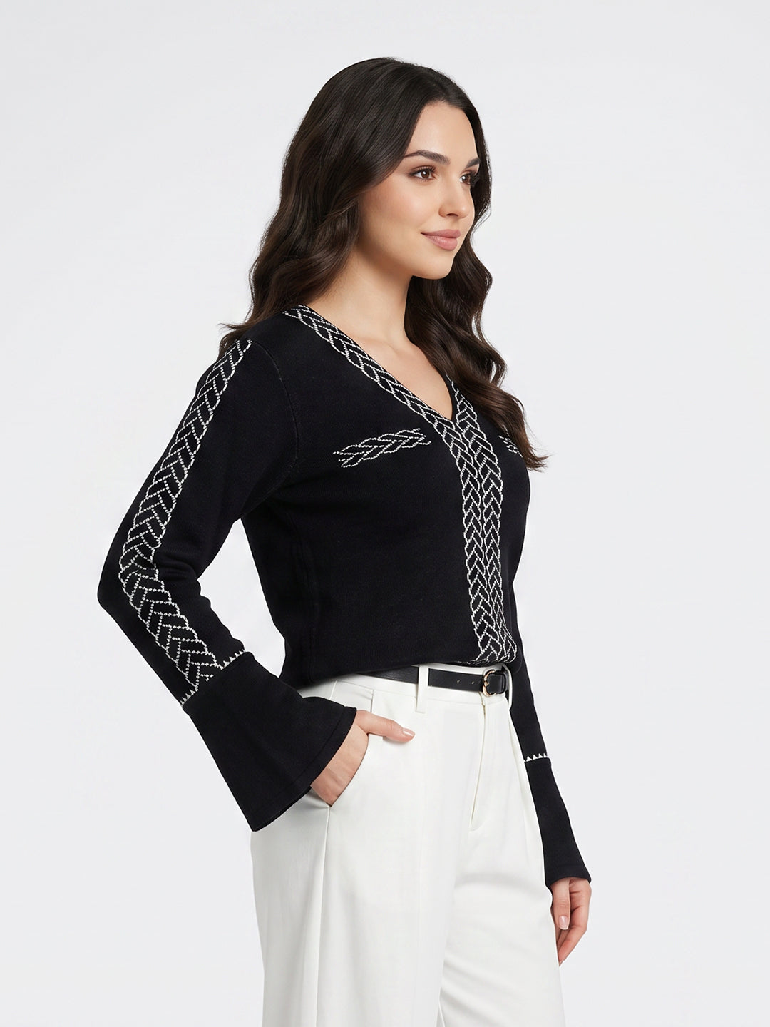 Women Black Jacquard V Neck Full Sleeve Winter Top