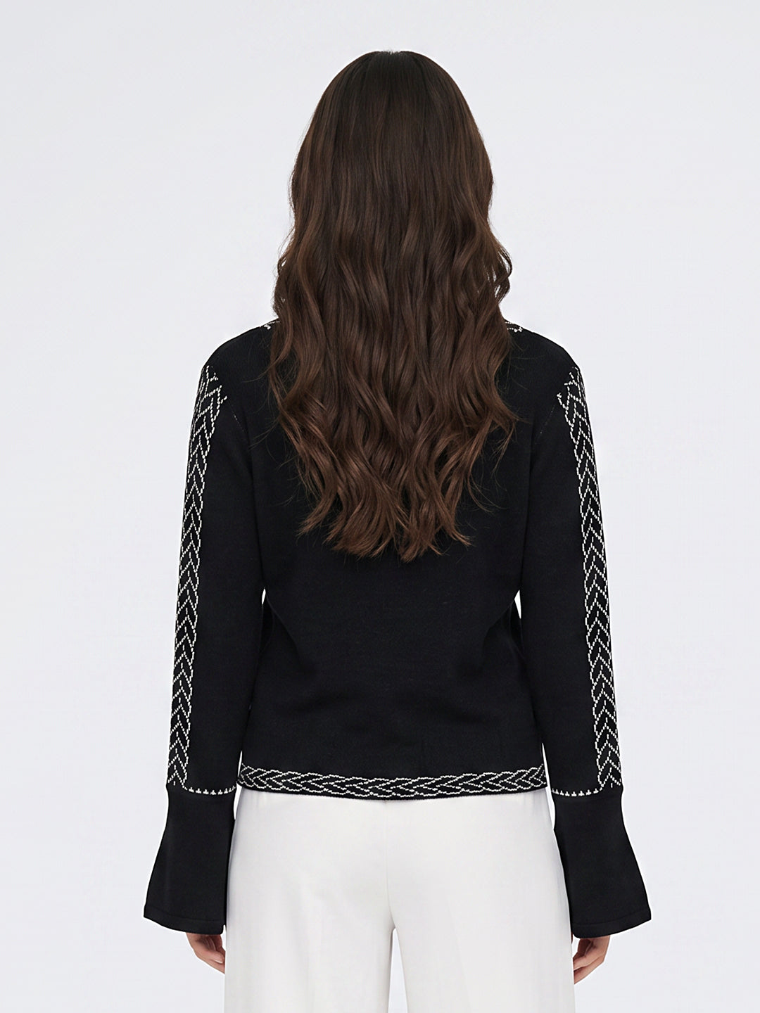 Women Black Jacquard V Neck Full Sleeve Winter Top