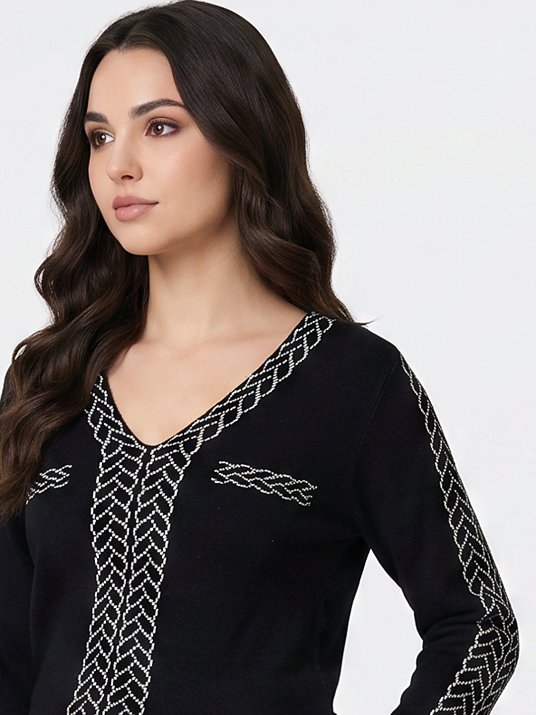 Women Black Jacquard V Neck Full Sleeve Winter Top