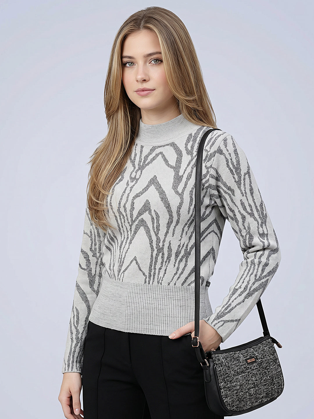 Women Grey Self Design Turtle Neck Full Sleeve Winter Top