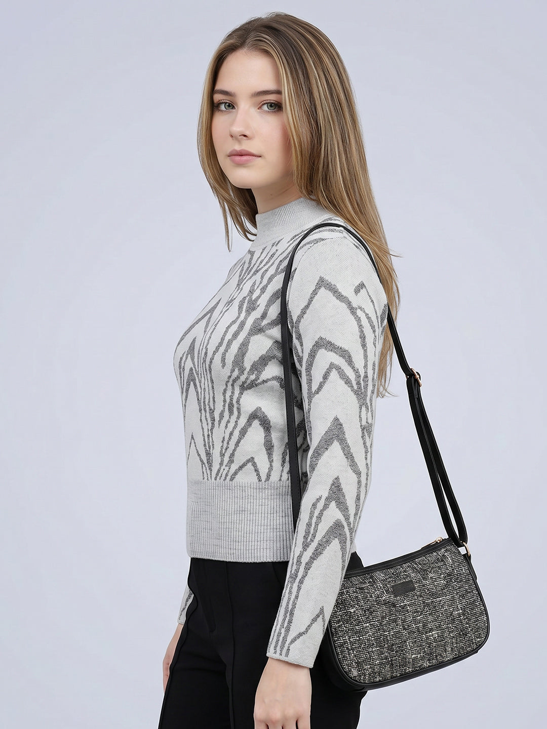 Women Grey Self Design Turtle Neck Full Sleeve Winter Top