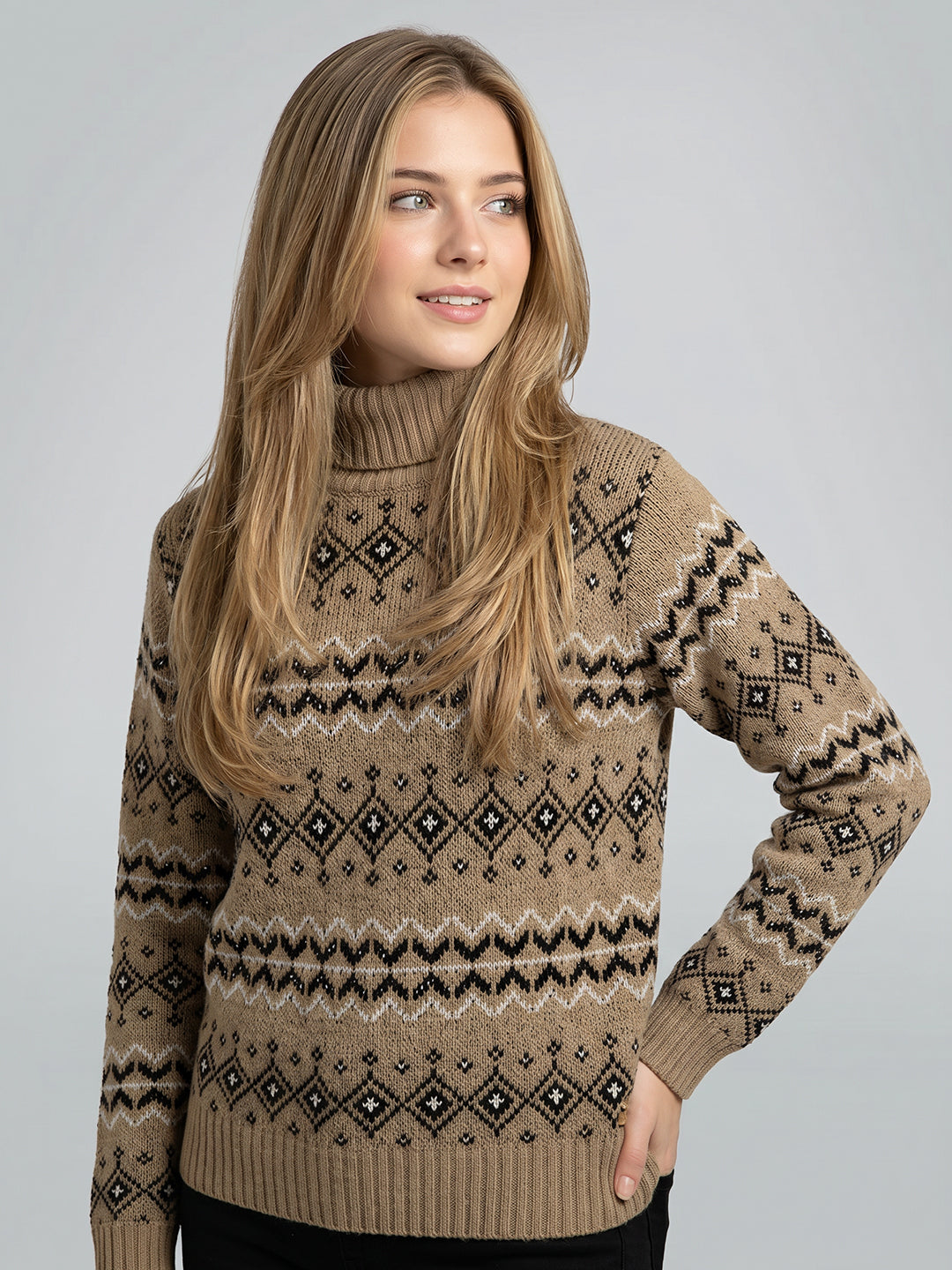 Women Camel Brown Jacquard High Neck Full Sleeve Pullover